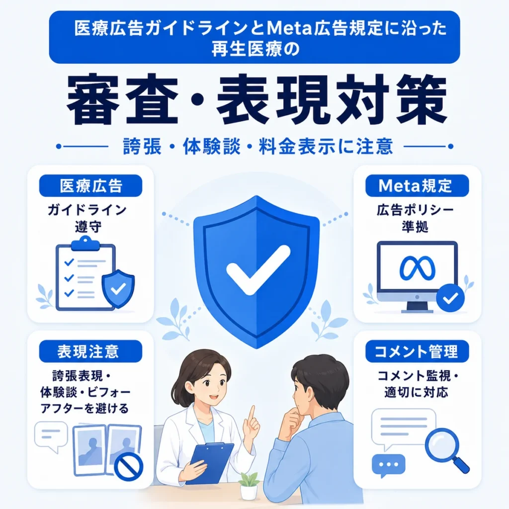 医療広告ガイドラインとMeta広告規定に沿った審査・表現対策を示すイラスト