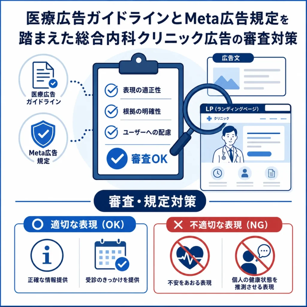 医療広告ガイドラインとMeta広告規定を踏まえた広告審査対策を示すイラスト