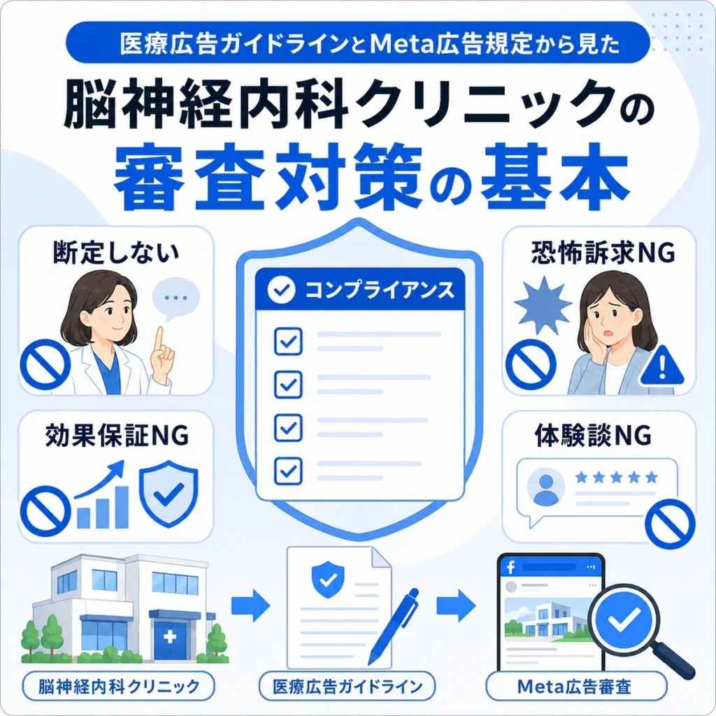 医療広告ガイドラインとMeta広告規定に沿った審査対策の基本を示すイラスト