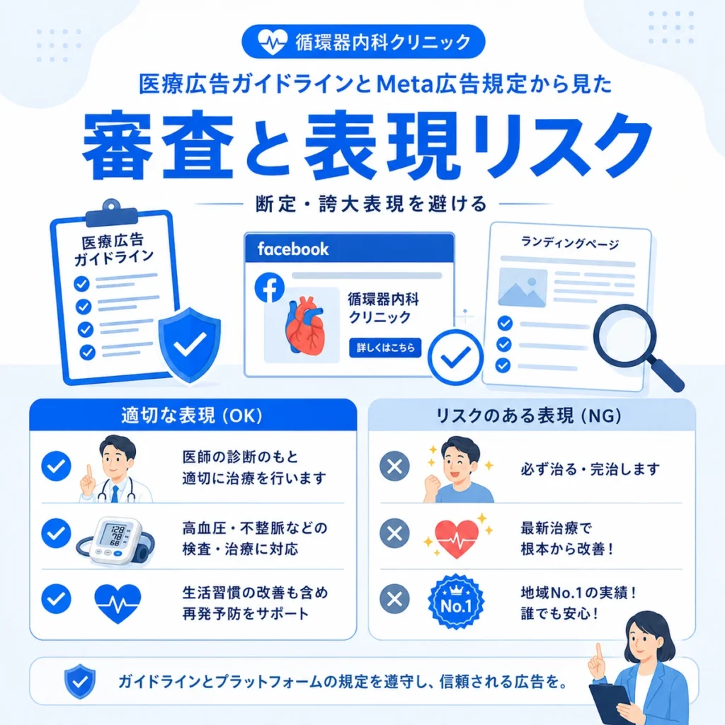 医療広告ガイドラインとMeta広告規定に配慮した循環器広告の審査と表現リスクを示すイラスト
