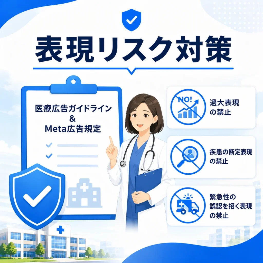 医療広告ガイドラインとMeta広告規定で注意すべき表現リスクを示すイラスト