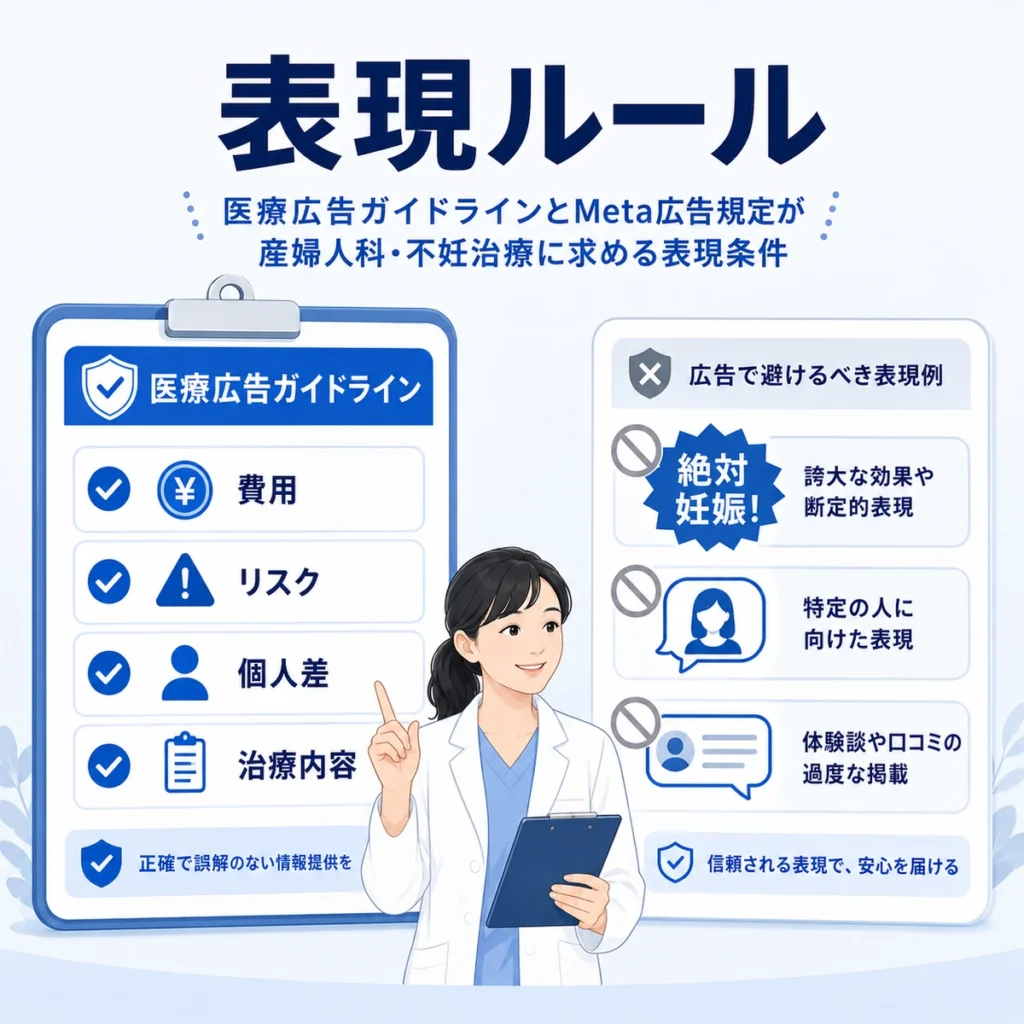 医療広告ガイドラインとMeta広告規定に配慮した費用・リスク・個人差・治療内容の表示ルールを示すイラスト
