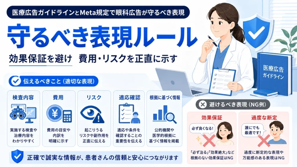 医療広告ガイドラインとMeta規定に沿って効果保証を避け費用やリスクを示す表現ルールのイラスト