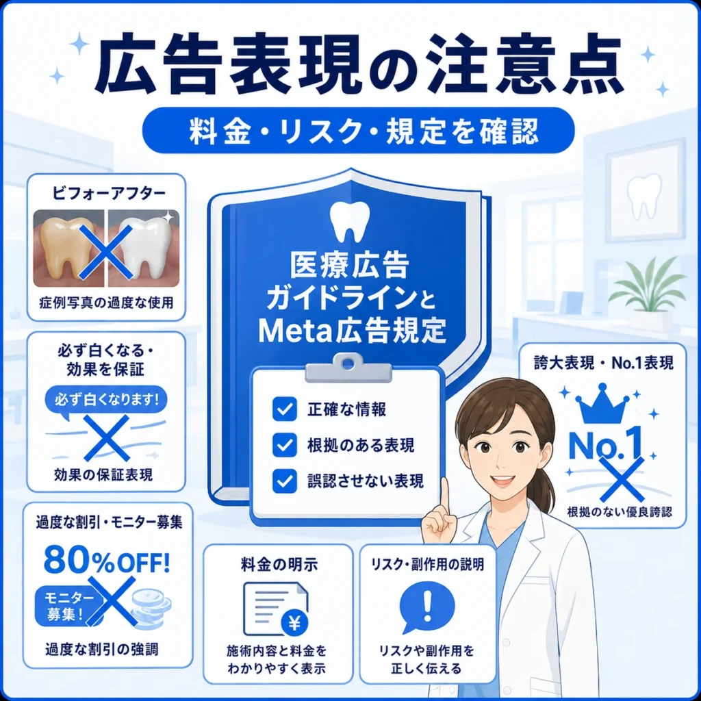 医療広告ガイドラインとMeta広告規定で注意すべき審美歯科広告表現を示すイラスト