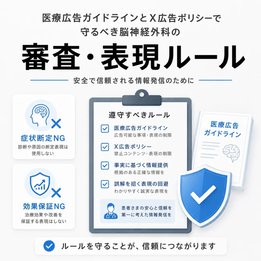 医療広告ガイドラインとX広告ポリシーに沿った審査・表現ルールを示すイラスト