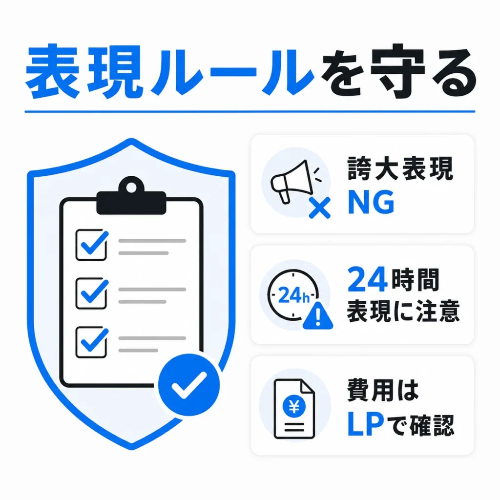 医療広告ガイドラインとX広告ポリシーに配慮した表現ルールのチェックポイントを示すイラスト