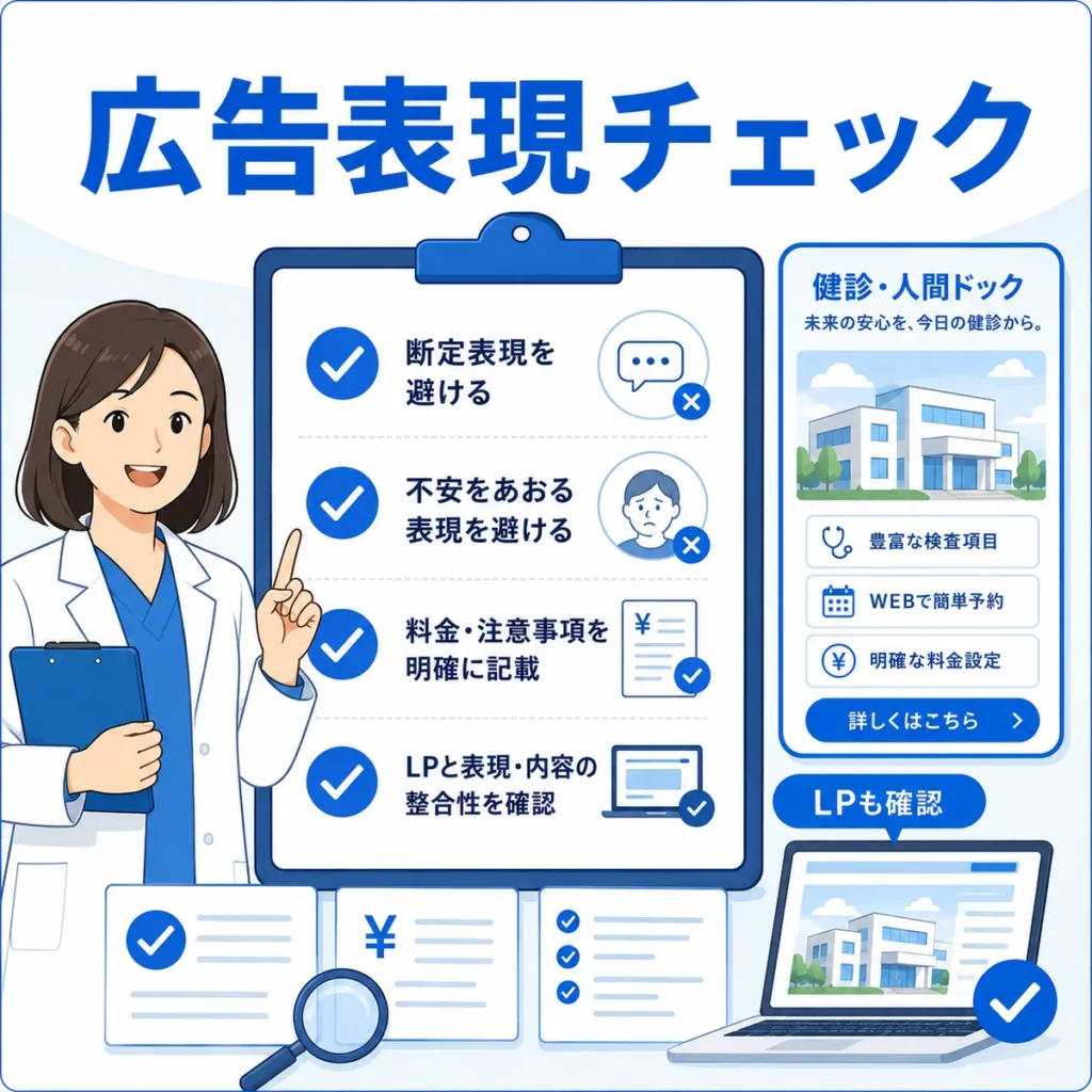 医療広告ガイドラインとMeta広告規定に沿って広告表現やLP内容を確認するチェックリストのイラスト