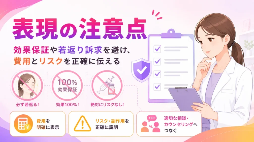 医療広告ガイドラインを踏まえて効果保証やリスク表現を確認するイラスト