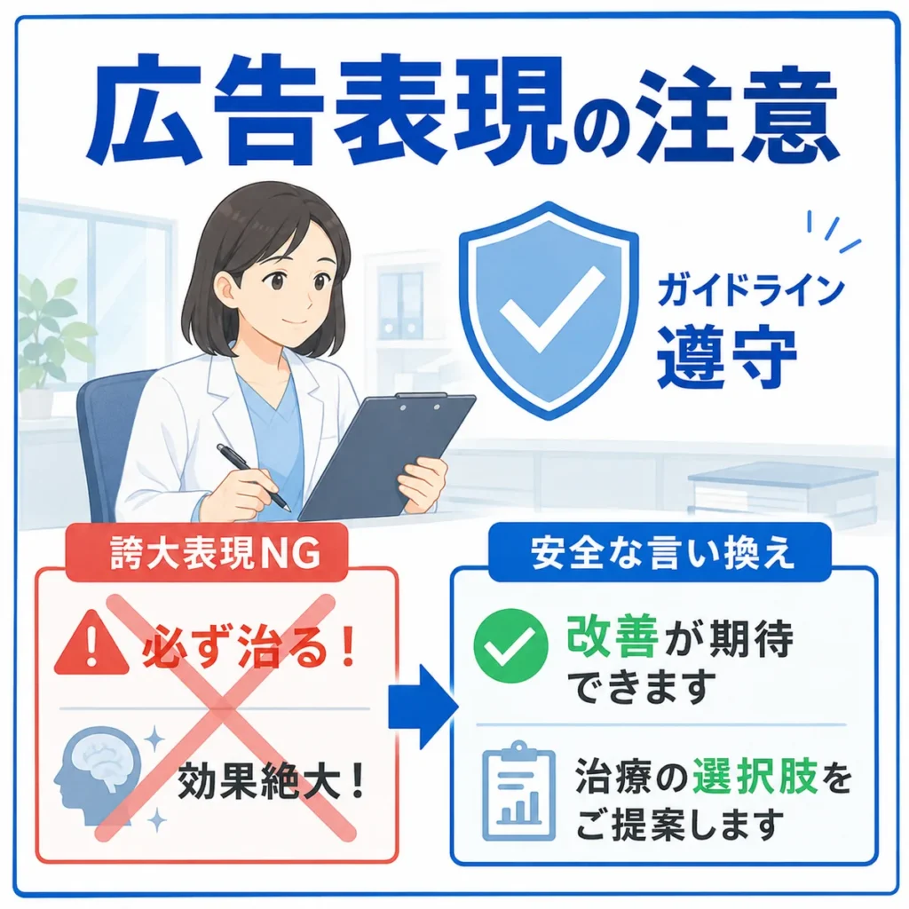 医療広告ガイドラインに配慮して脳神経内科の広告表現を安全に言い換える注意点を示すイラスト