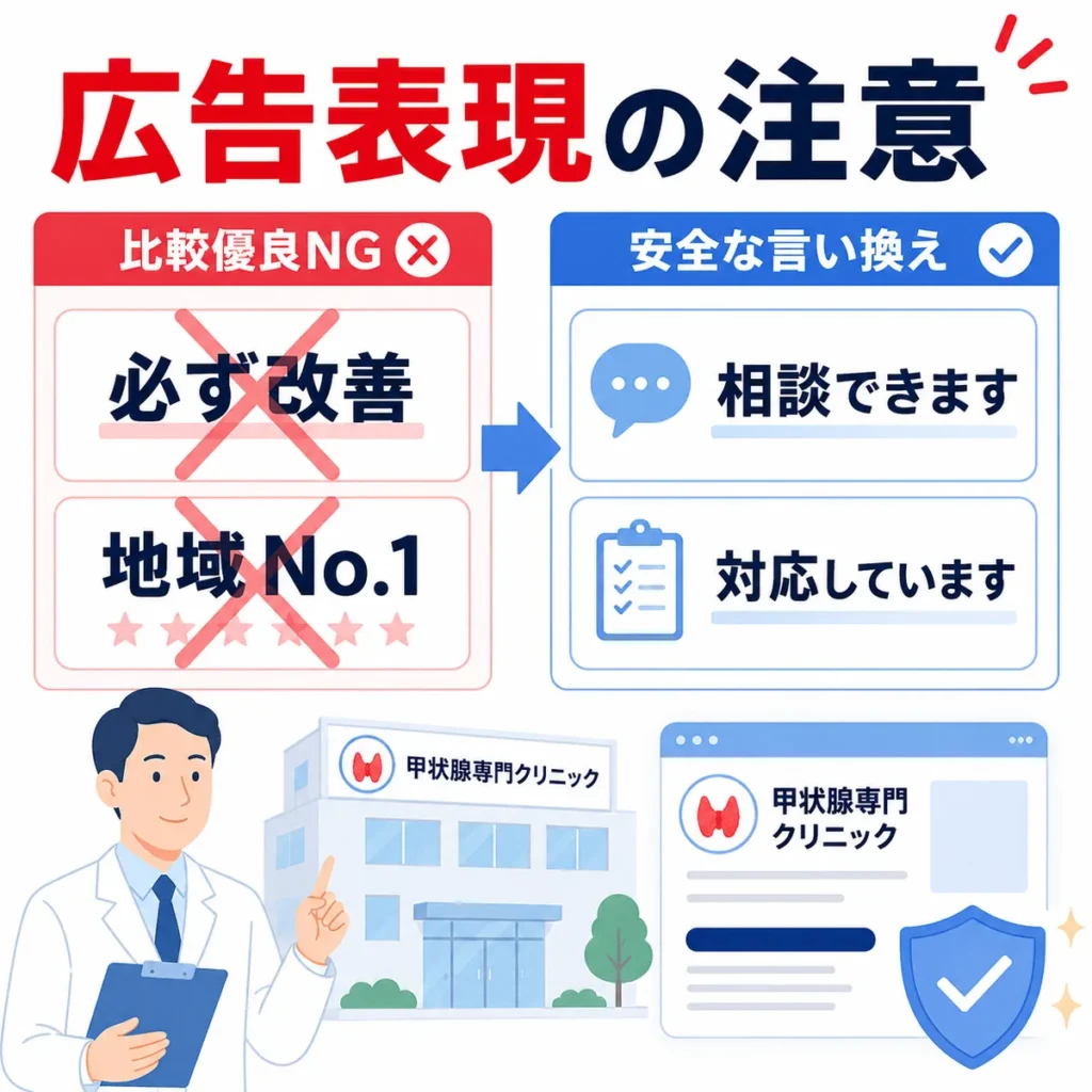 医療広告ガイドラインに配慮し比較優良表現を安全な言い換えに直すポイントを示すイラスト