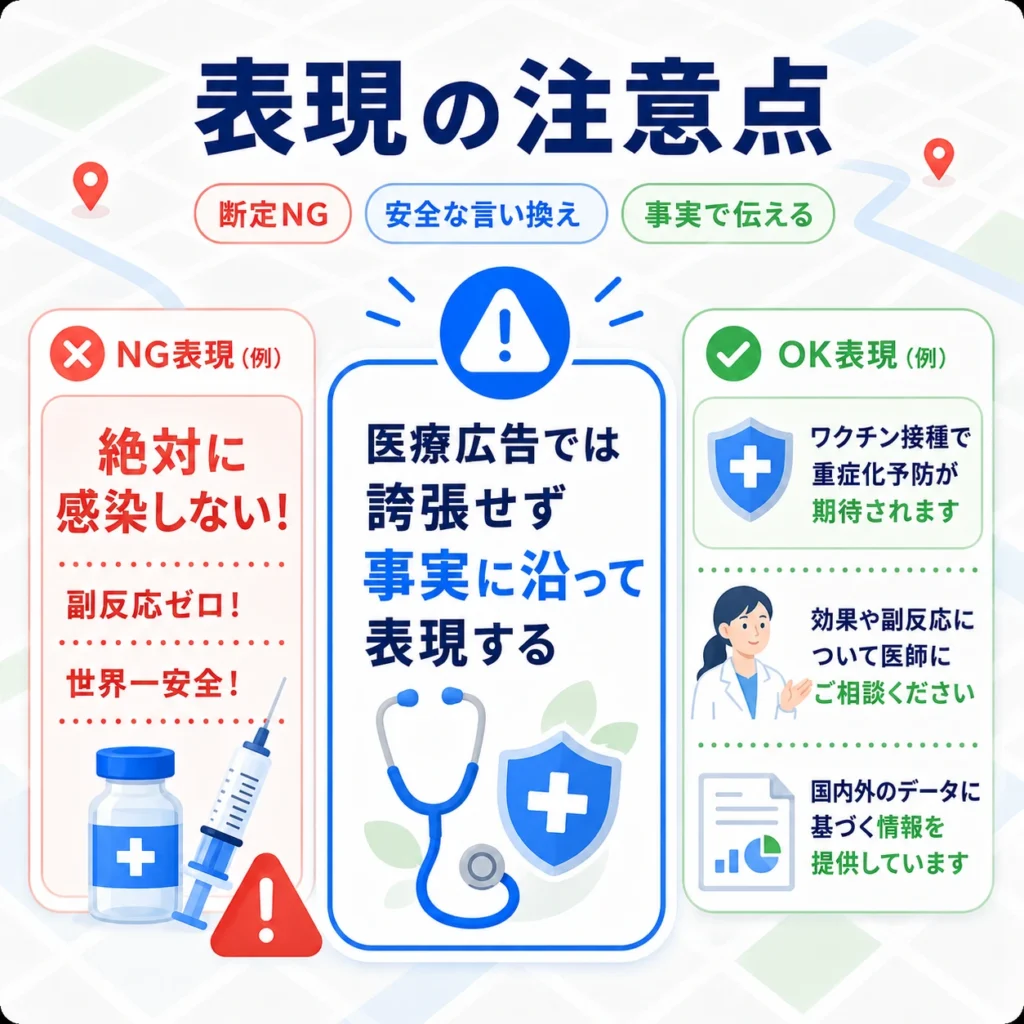 ワクチン広告で断定表現を避け、医療広告ガイドラインに沿って事実を伝える注意点を示すイラスト