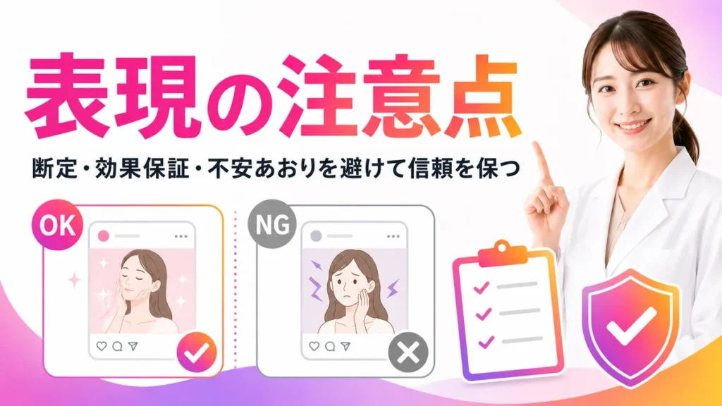 医療広告ガイドラインを踏まえた皮膚科広告表現の注意点を示すイラスト