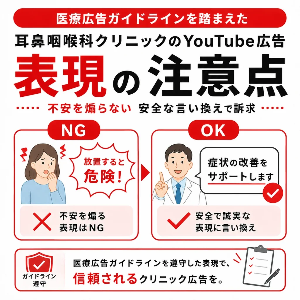 医療広告ガイドラインを踏まえて不安を煽らない表現に言い換える注意点を示すイラスト