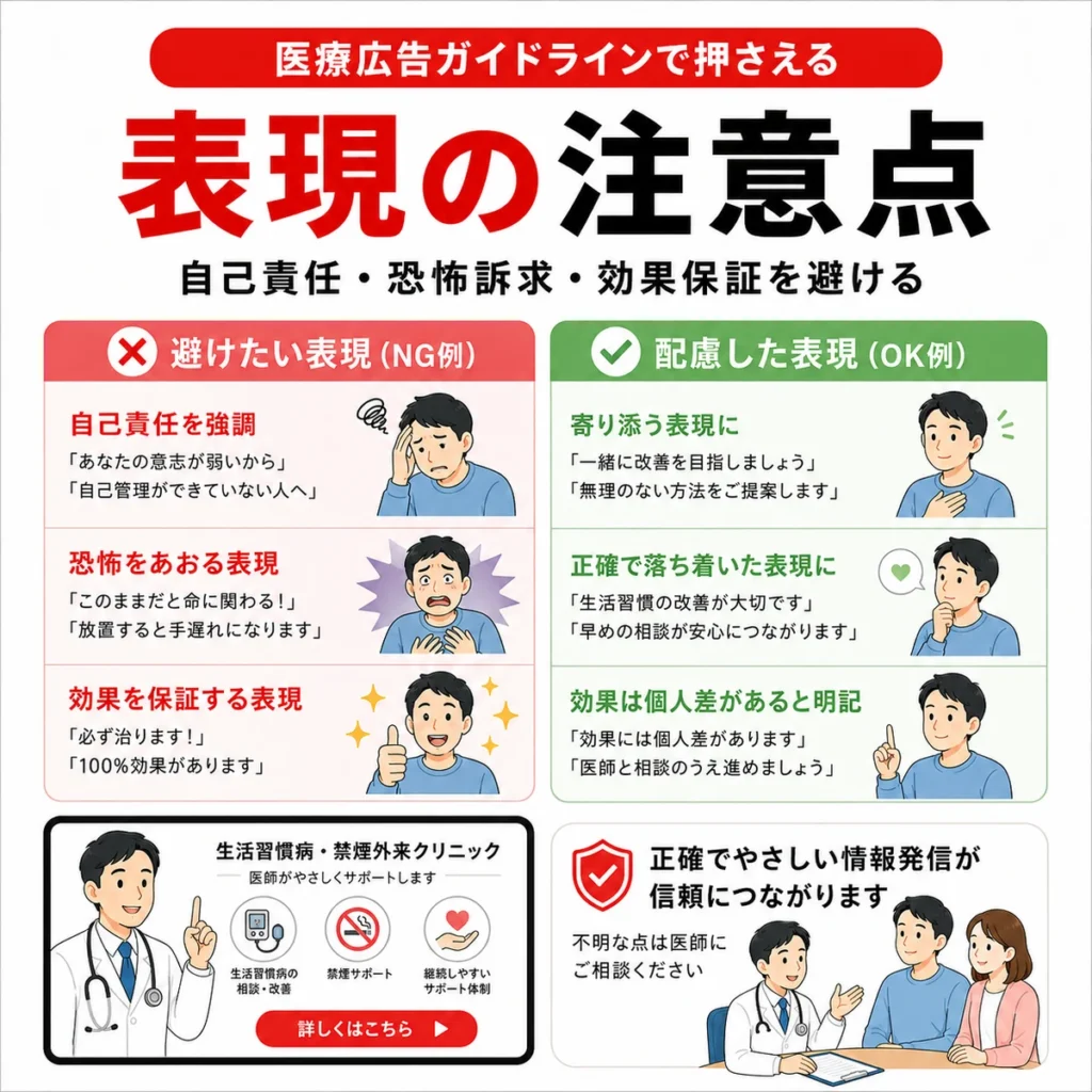 医療広告ガイドラインを踏まえて自己責任や恐怖訴求、効果保証を避ける表現注意点を示すイラスト