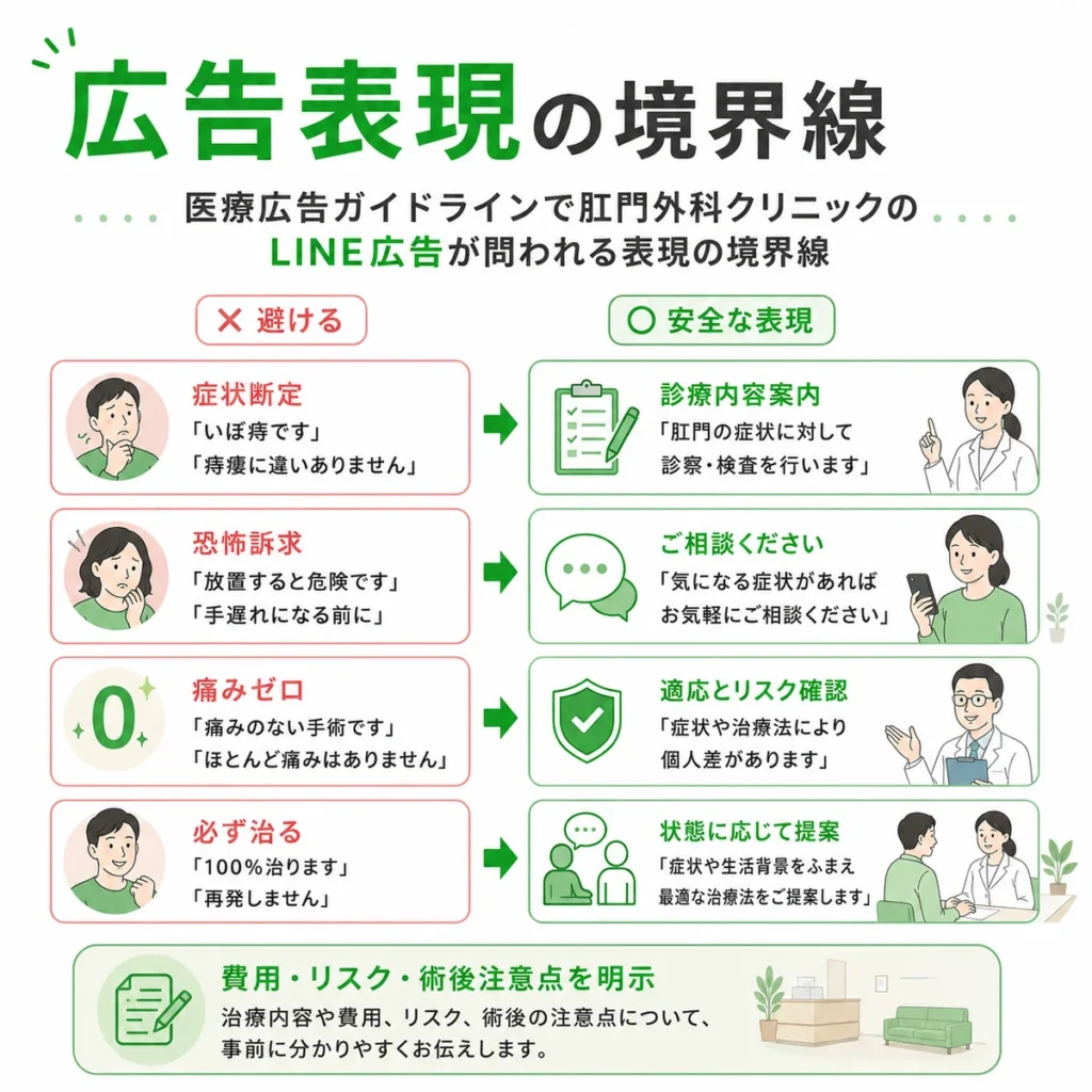 医療広告ガイドラインに配慮した肛門外科LINE広告の安全な表現と避ける表現を示すイラスト