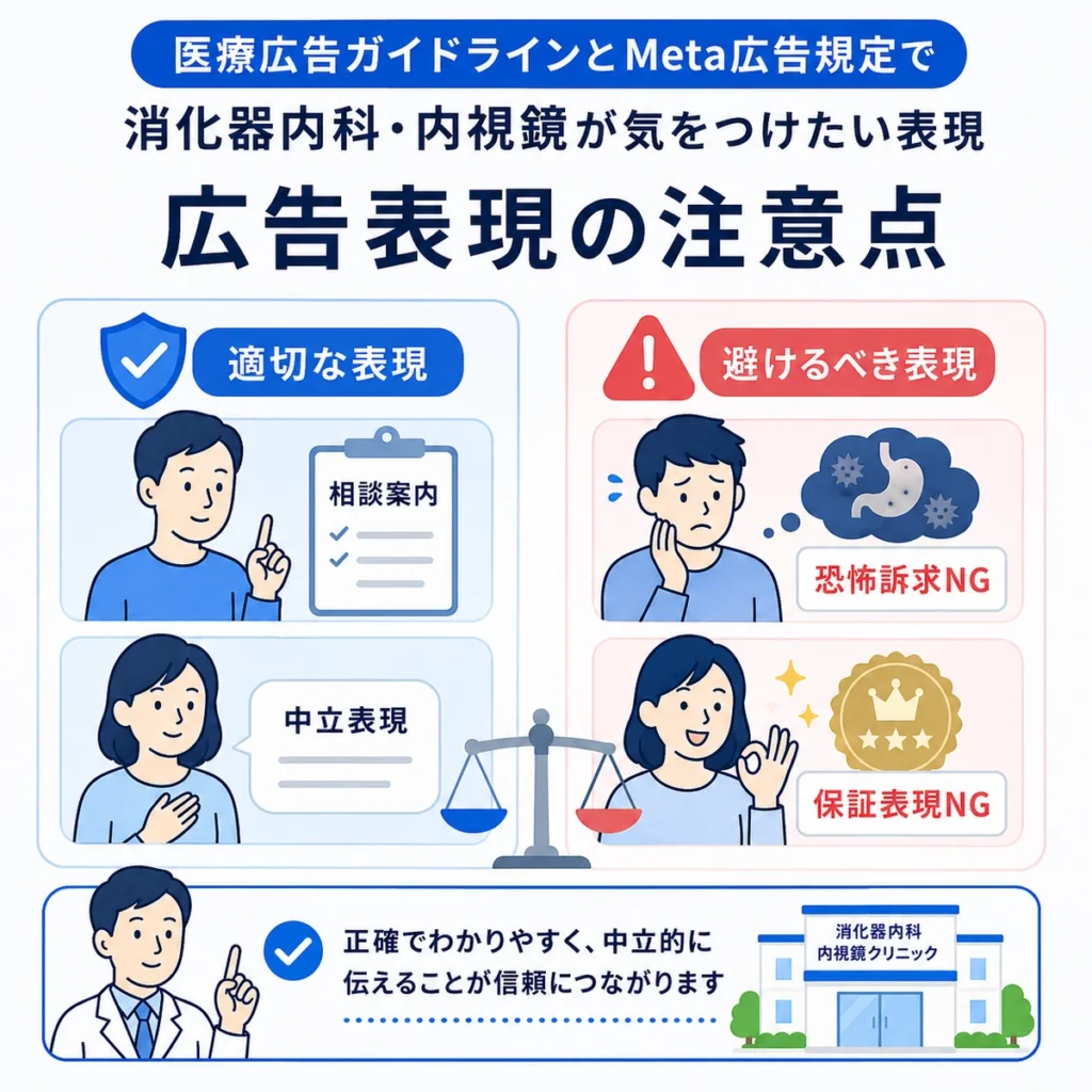 医療広告ガイドラインとMeta広告規定に配慮した広告表現の注意点を示すイラスト