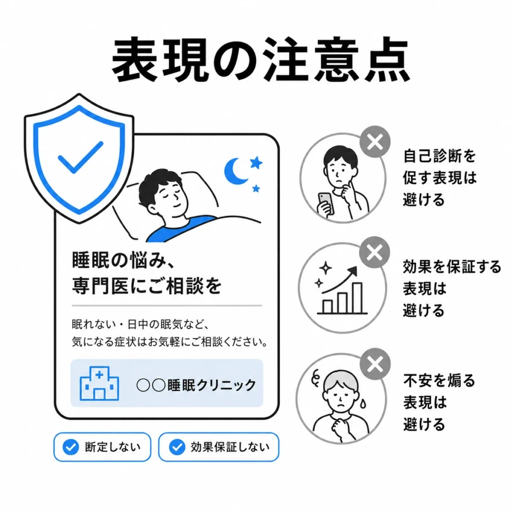 自己診断誘導や効果保証、不安訴求を避ける医療広告表現の注意点を示すイラスト