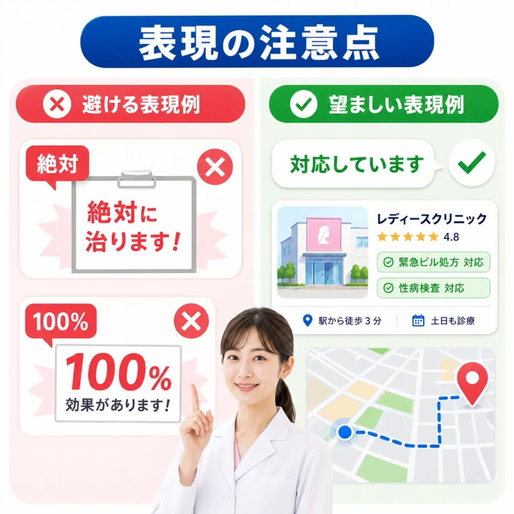医療広告ガイドラインを踏まえて避ける表現と望ましい表現を比較したイラスト