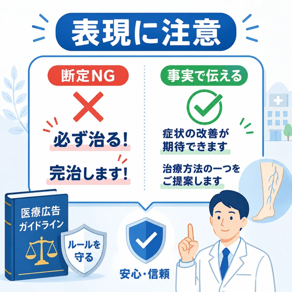 下肢静脈瘤広告で断定表現を避け医療広告ガイドラインに沿って事実を伝えるイラスト