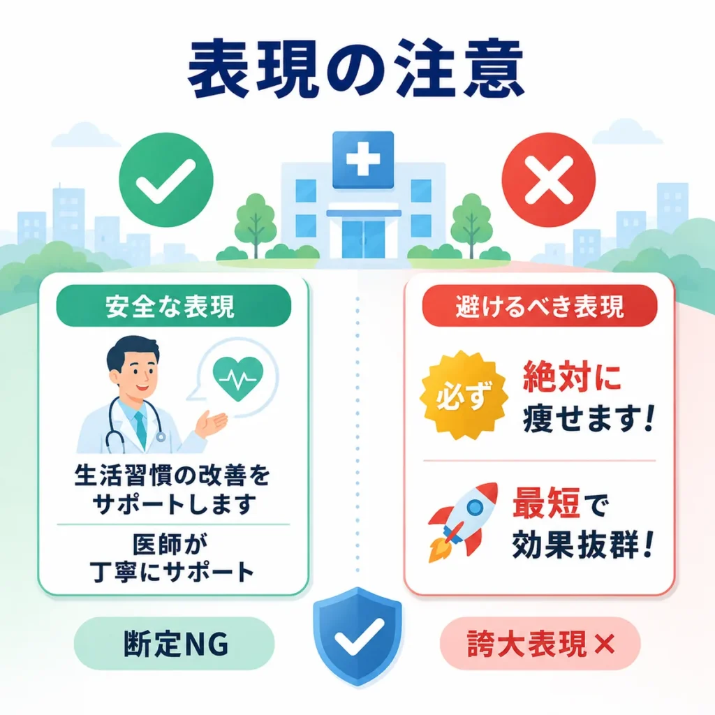 生活習慣病・禁煙外来広告で避けるべき誇大表現と安全な表現を比較するイラスト