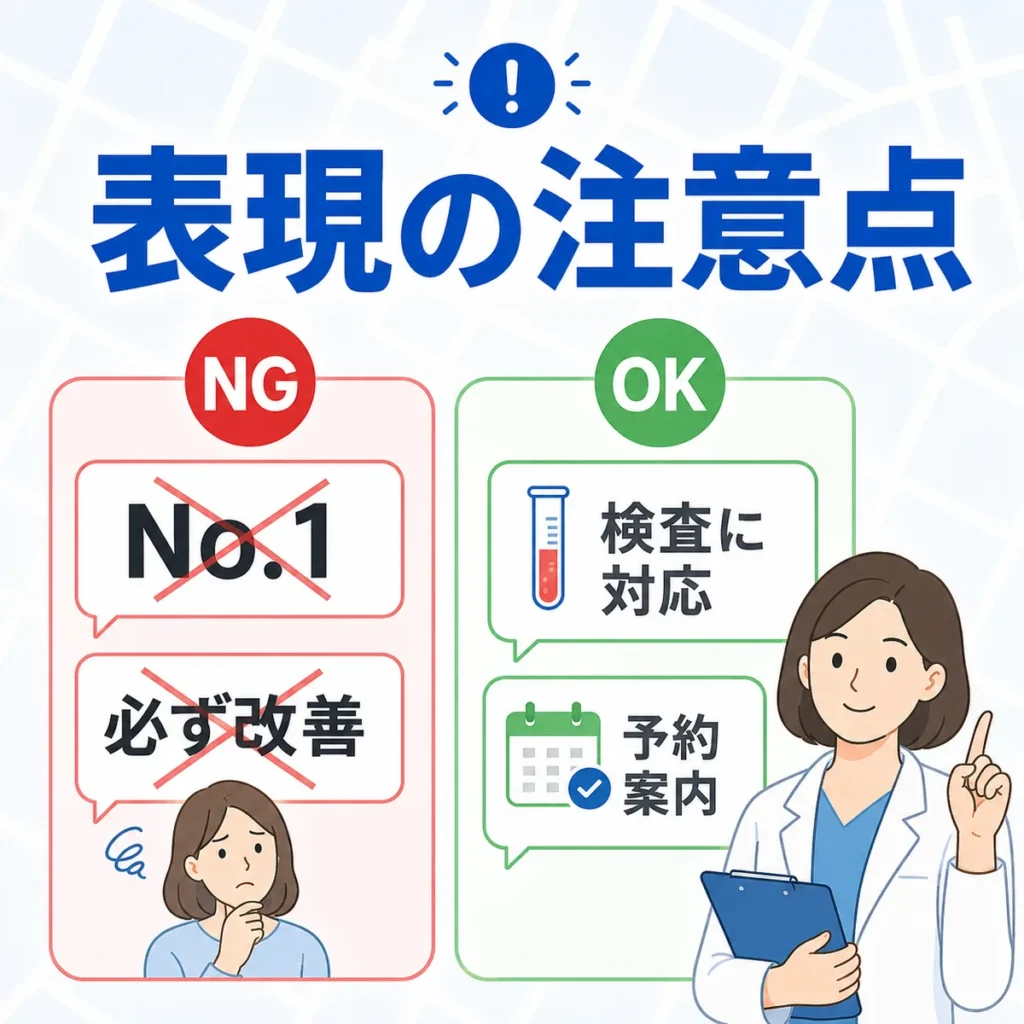医療広告ガイドラインを踏まえたNG表現と安全な表現の違いを示すイラスト