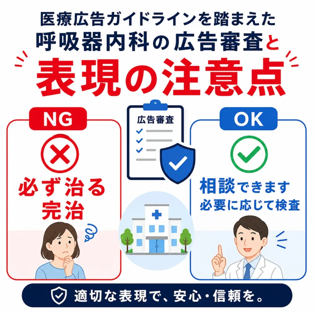 医療広告ガイドラインを踏まえ、必ず治るなどのNG表現と相談できますなどのOK表現を比較するイラスト