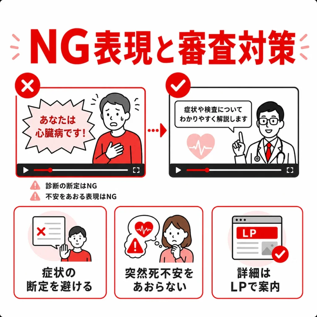 循環器内科のYouTube広告で避けたいNG表現と審査対策を示すイラスト
