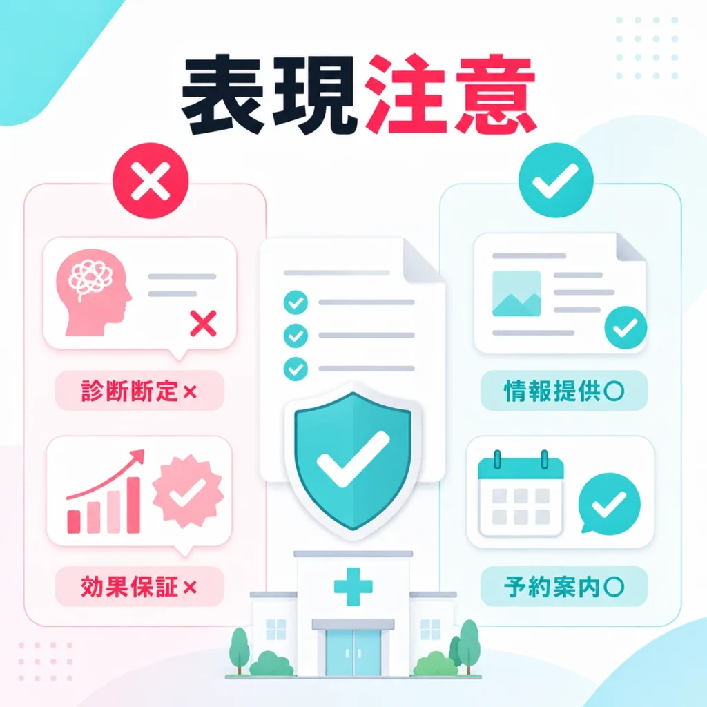 診断断定や効果保証を避け、情報提供と予約案内を行う表現注意のイラスト