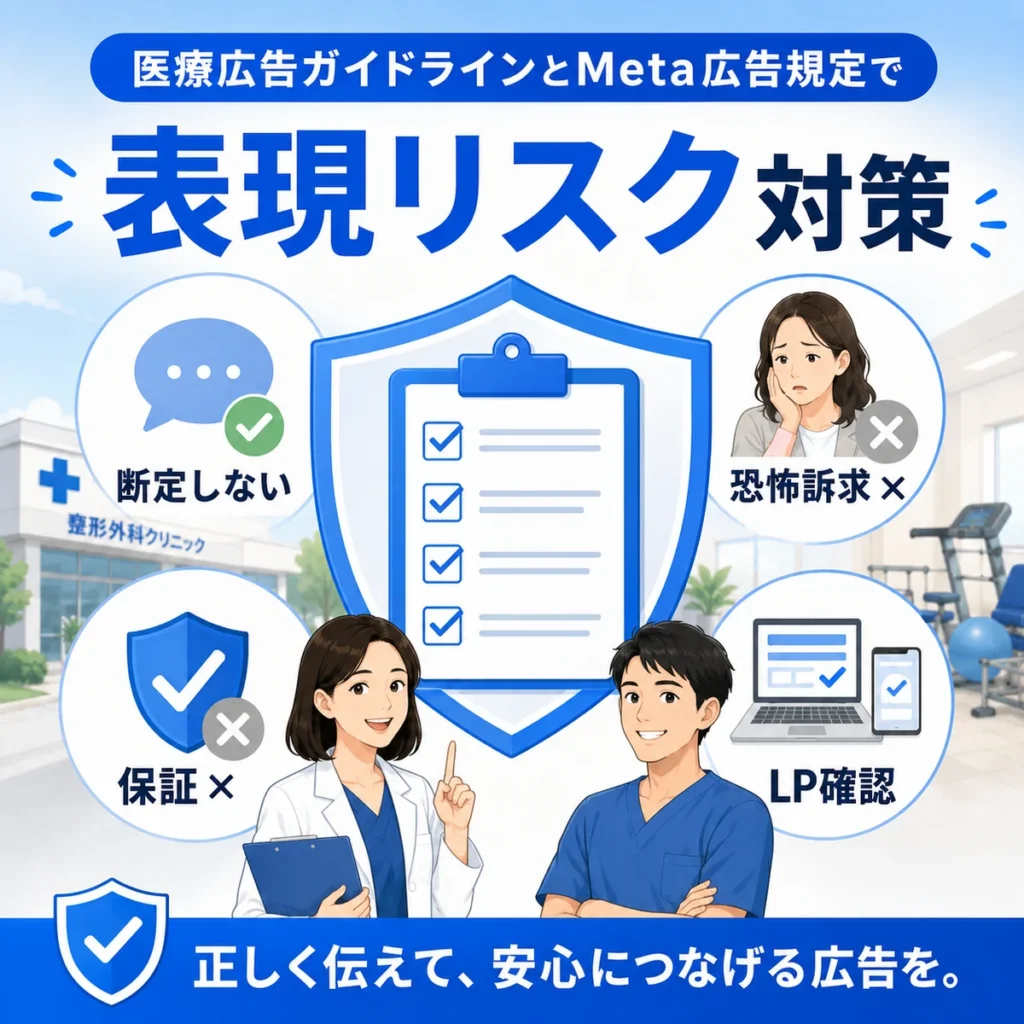 医療広告ガイドラインとMeta広告規定に配慮した整形外科広告の表現リスク対策を示すイラスト