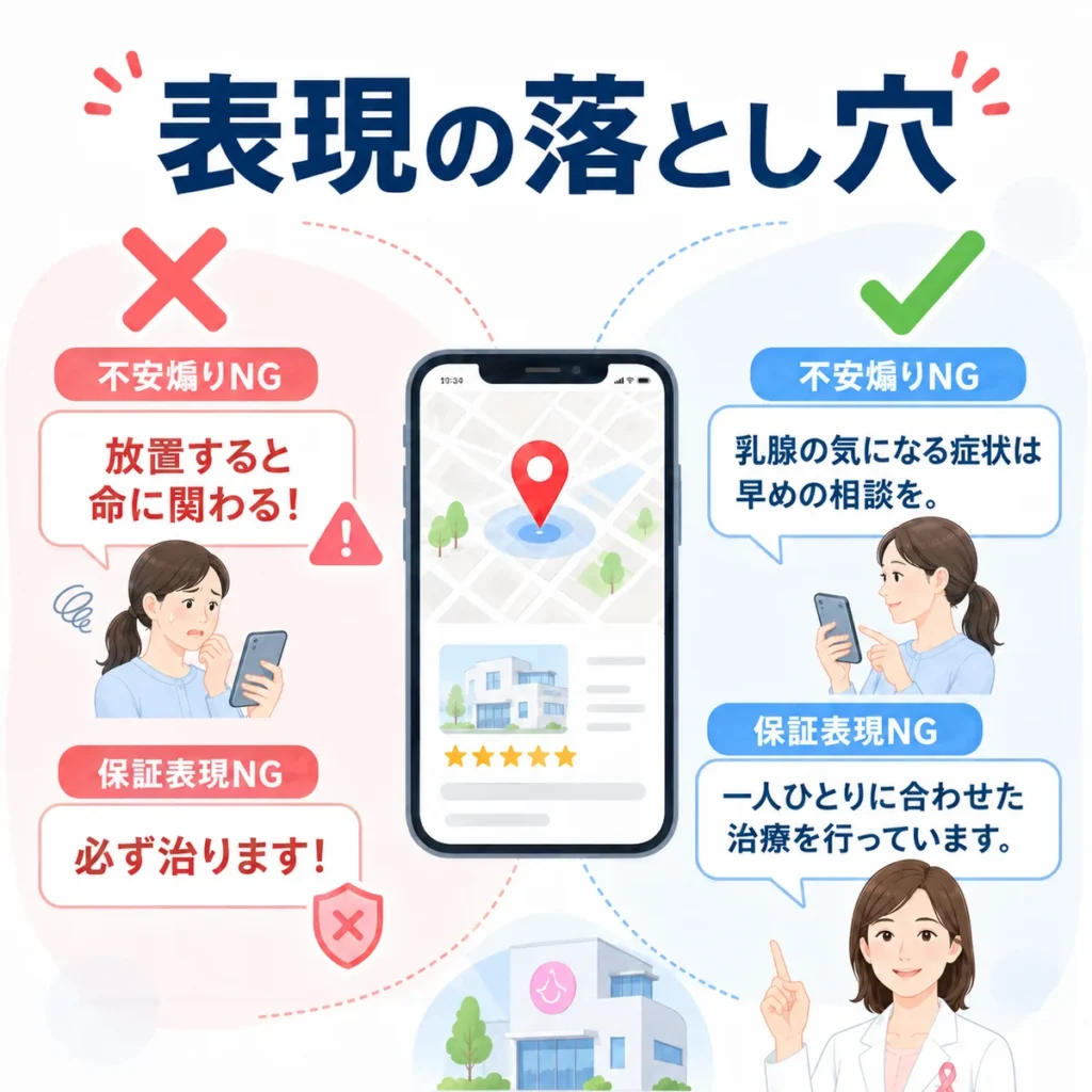 医療広告ガイドラインで注意すべき不安煽り表現や保証表現の落とし穴を示すイラスト