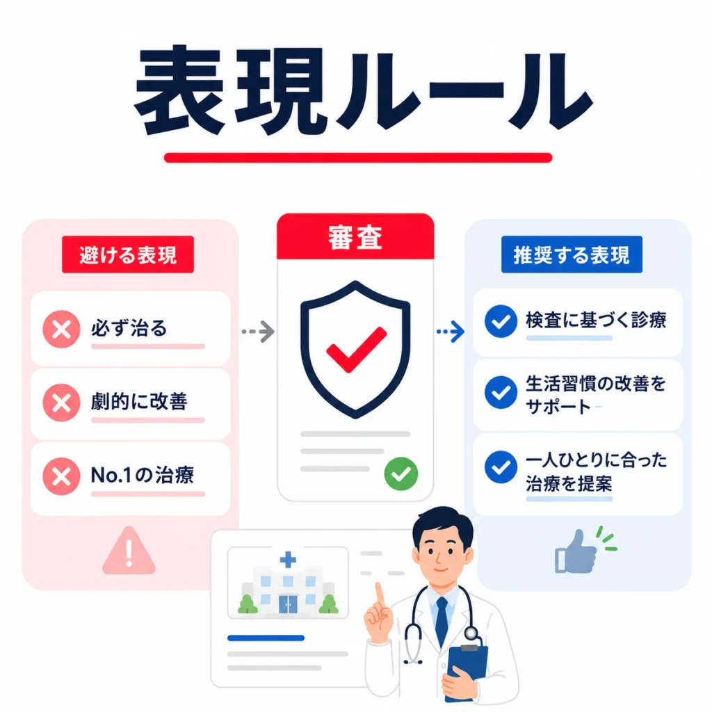 医療広告ガイドラインに沿って避ける表現と推奨表現を整理したイラスト