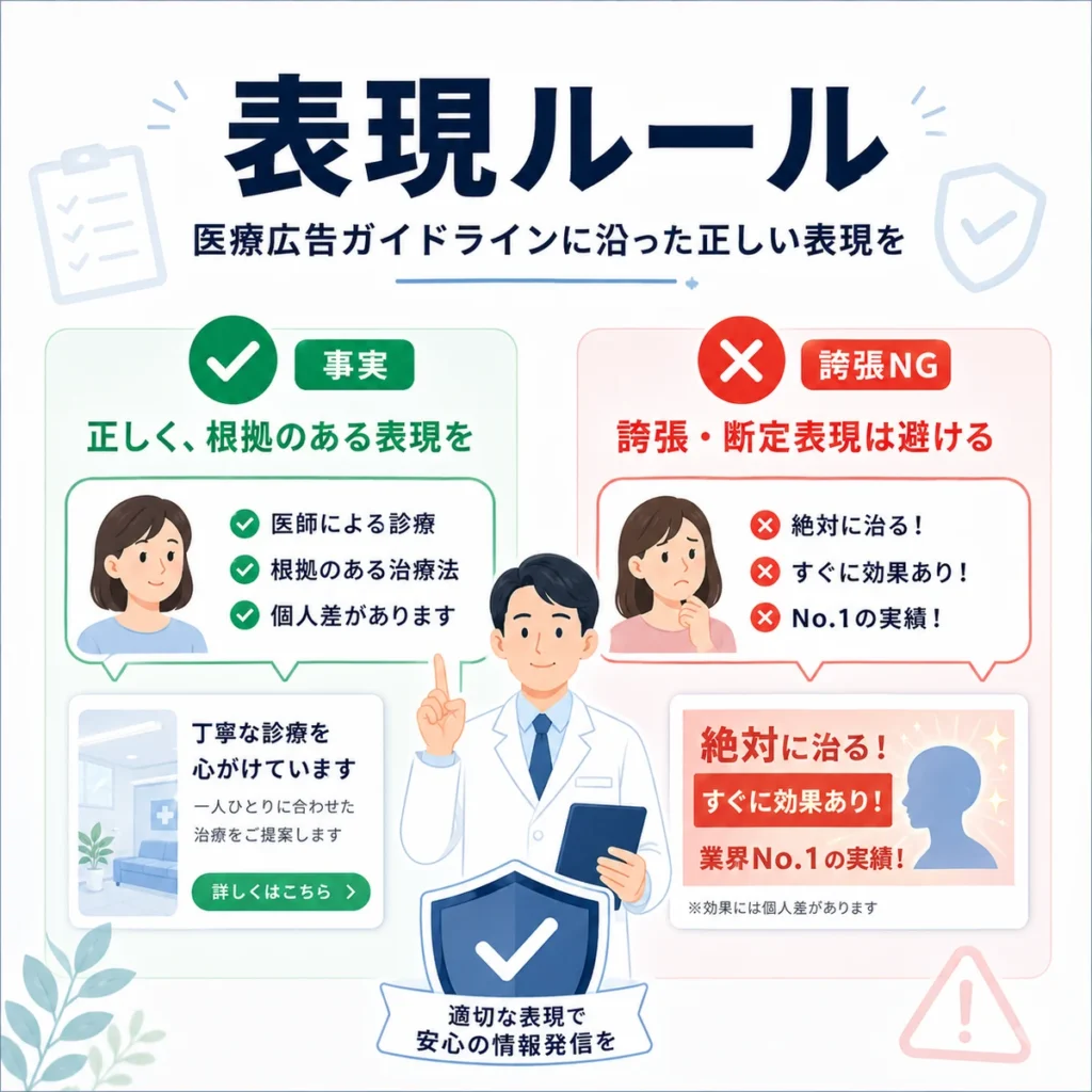 医療広告ガイドラインに沿って事実表現と誇張表現を分ける広告表現ルールのイラスト