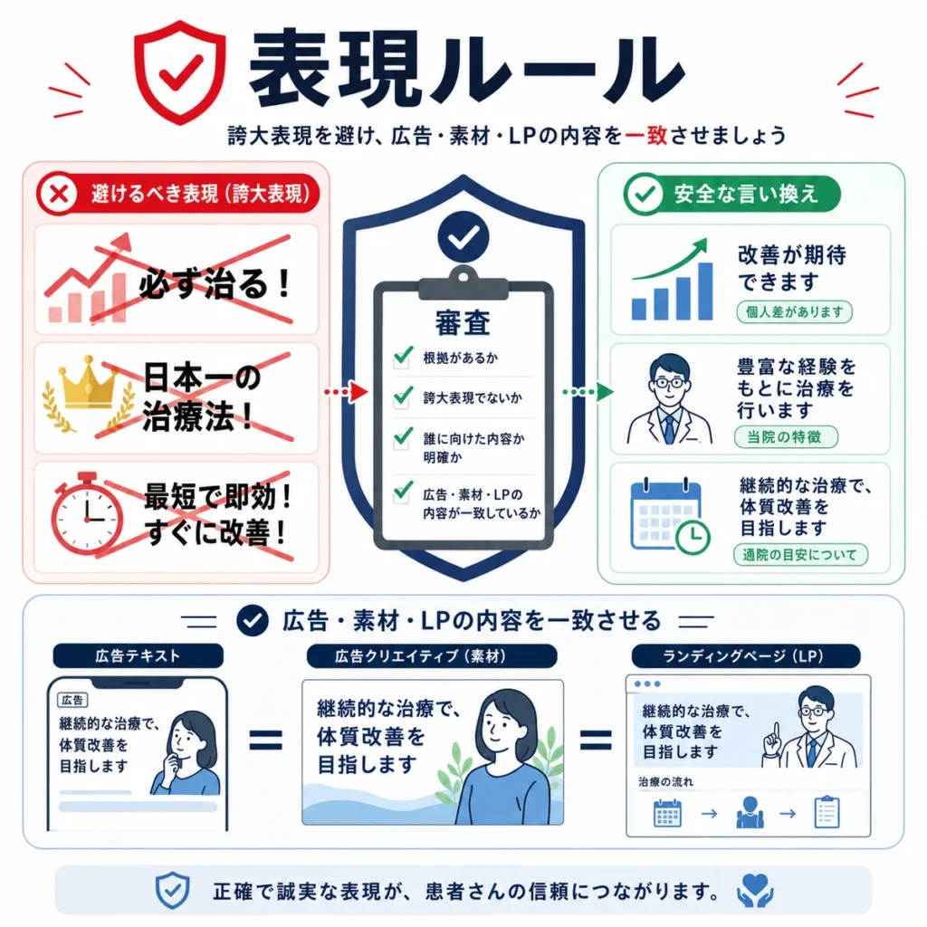 皮膚科広告で避けるべき誇大表現と安全な言い換えを整理した医療広告表現ルールのイラスト