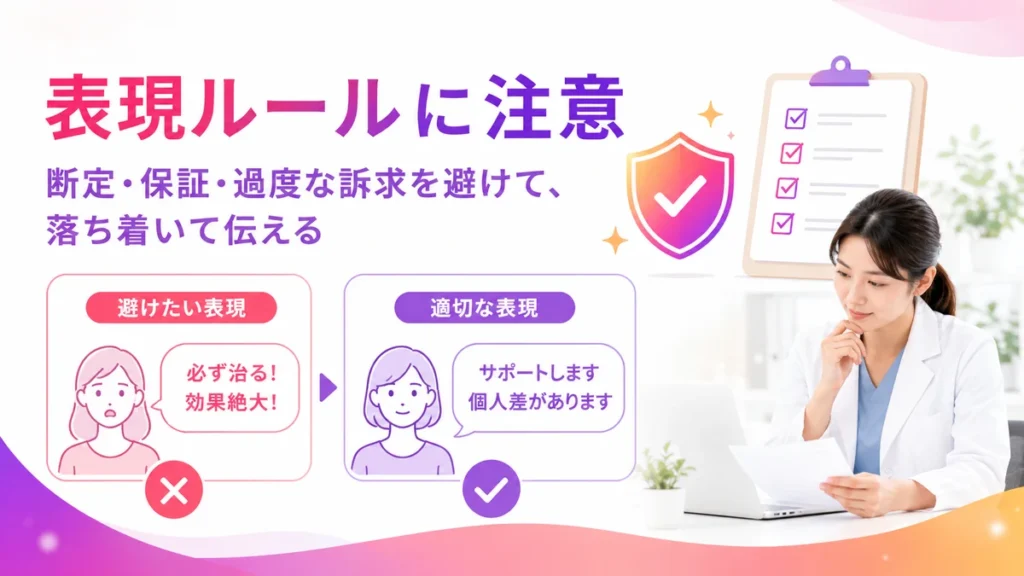医療広告ガイドラインと広告表現ルールで注意すべき点を示すイラスト