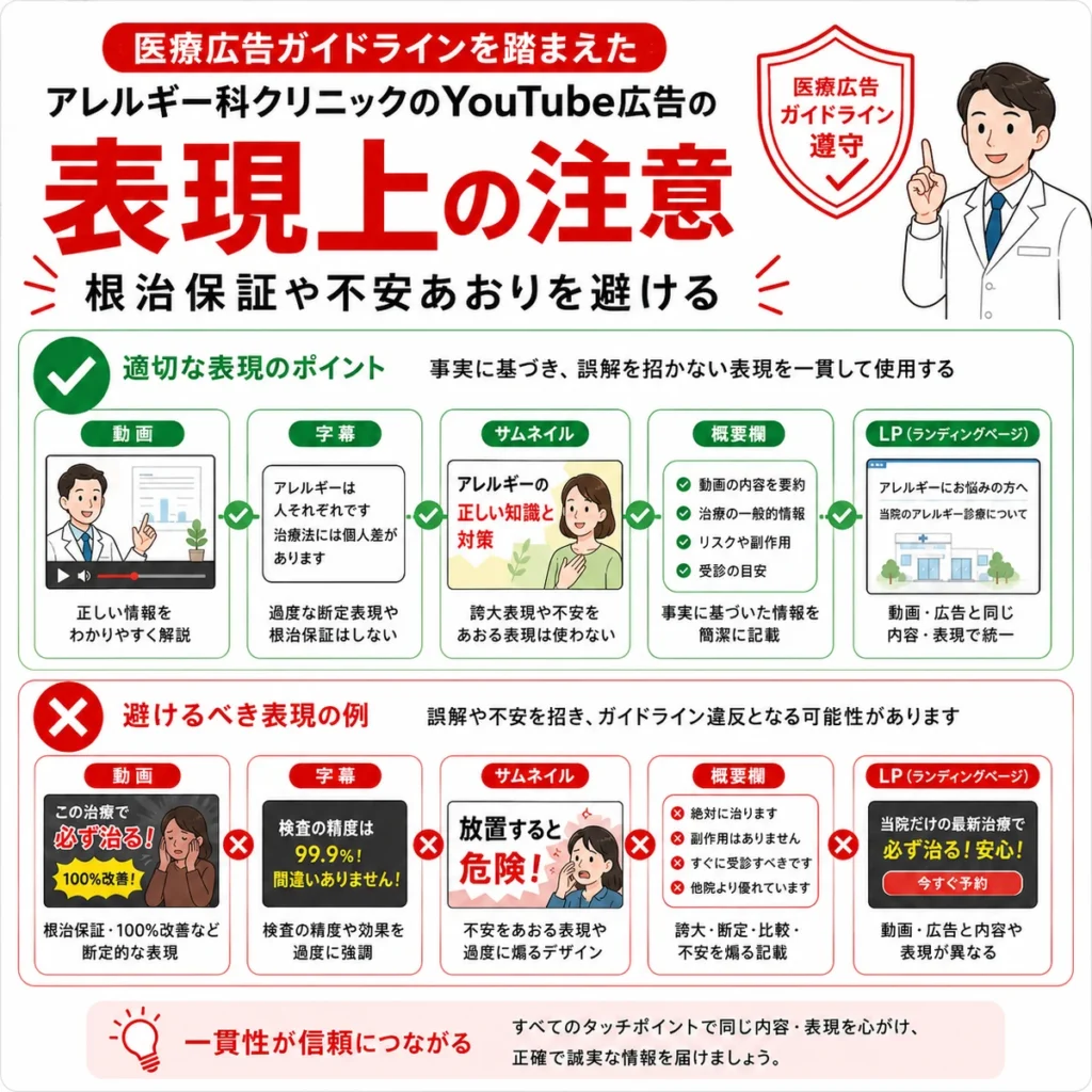医療広告ガイドラインを踏まえて根治保証や不安をあおる表現を避ける注意点を示すイラスト