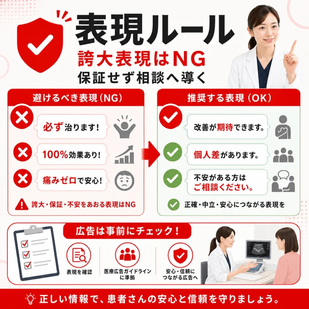 医療広告ガイドラインに配慮した下肢静脈瘤YouTube広告の表現ルールを示すイラスト