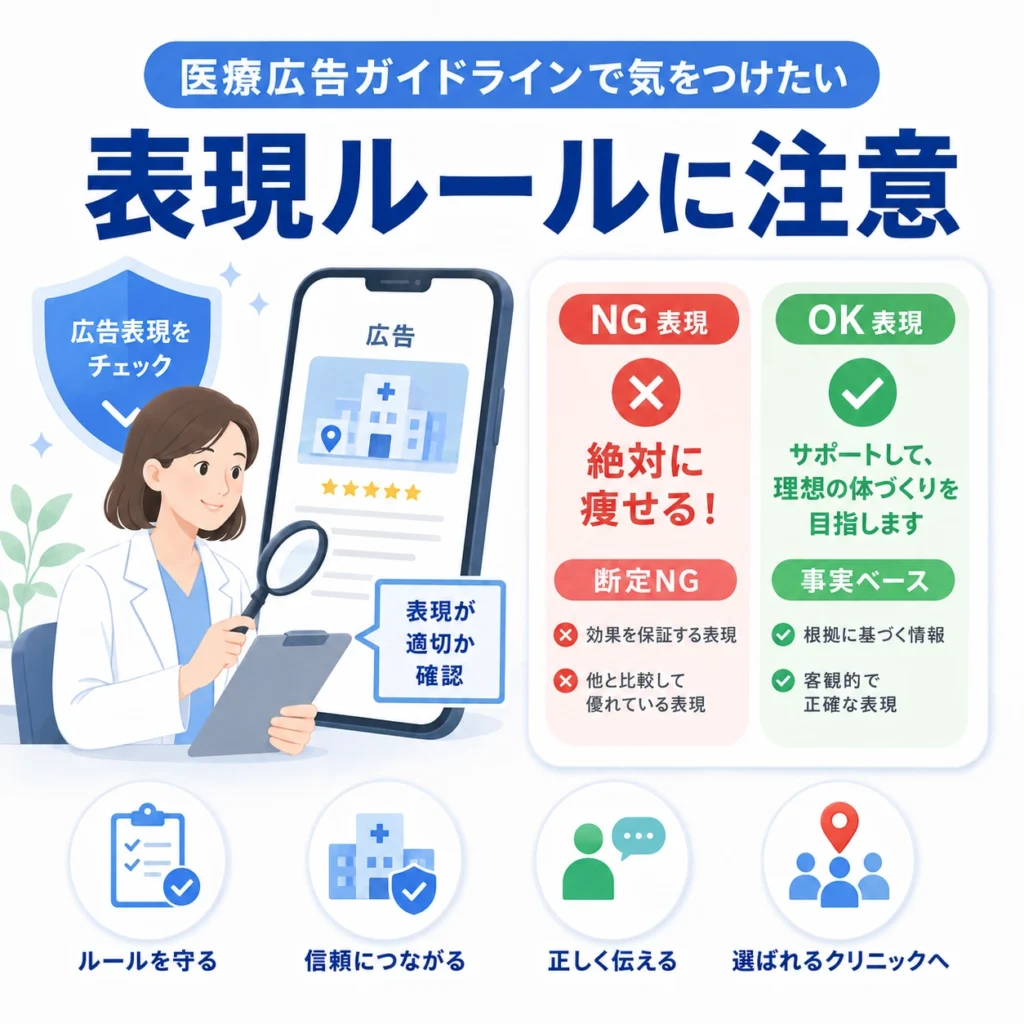 メディカルダイエット広告で医療広告ガイドラインに沿った表現ルールを確認するイラスト