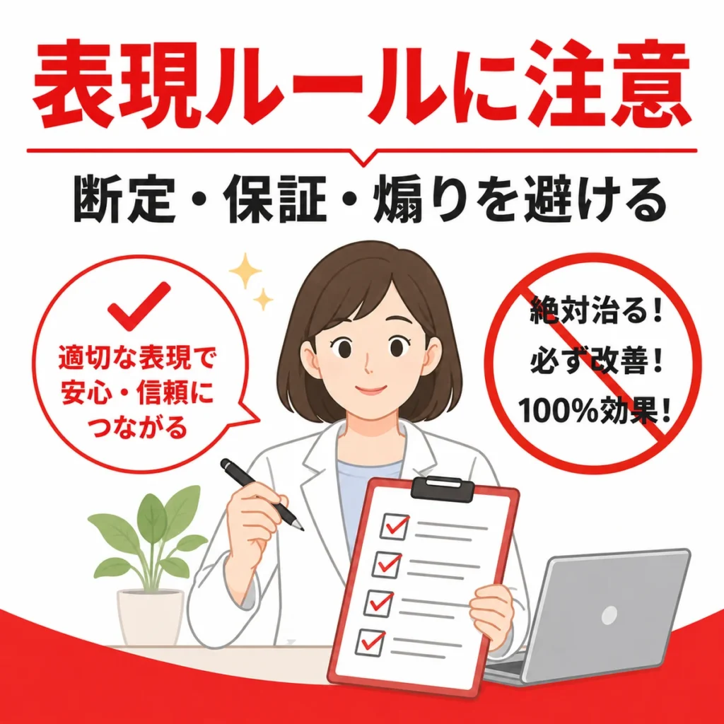 医療広告ガイドラインを踏まえて断定や保証や煽り表現を避けるポイントを示すイラスト