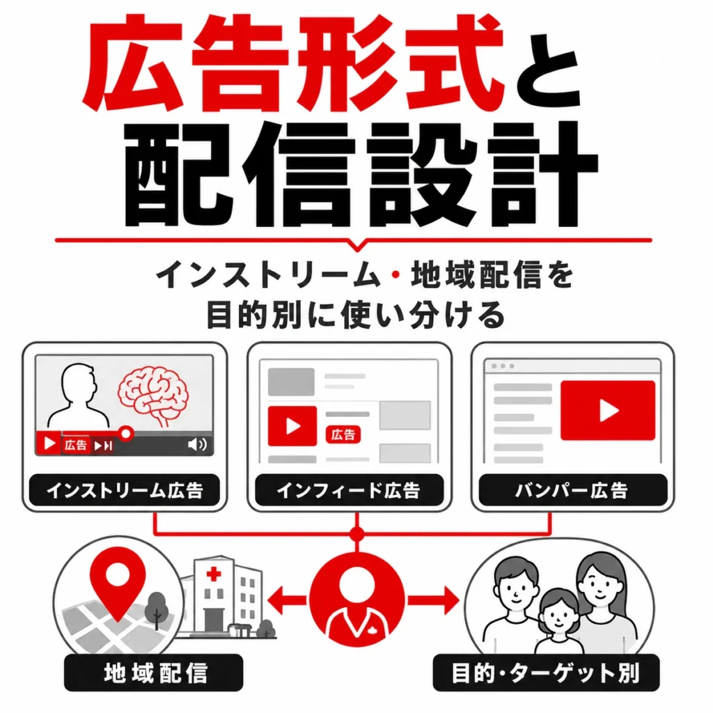 脳神経外科クリニックに合うインストリーム広告や地域配信などの広告形式と配信設計を示すイラスト