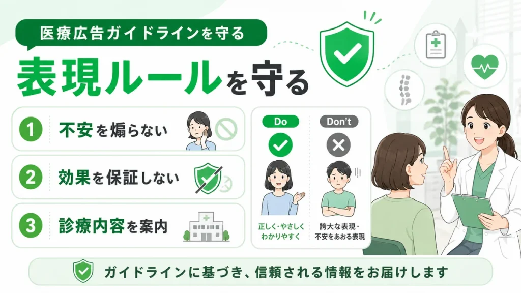 医療広告ガイドラインを守るための表現ルールを整理したイラスト