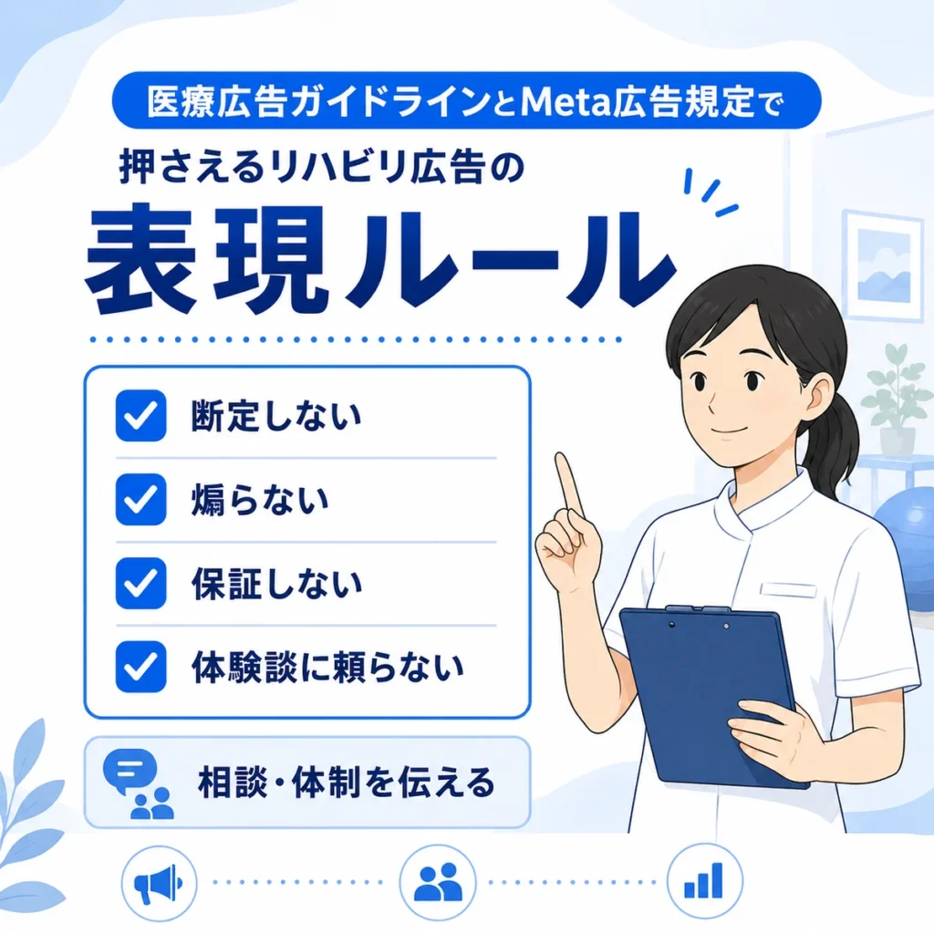 医療広告ガイドラインとMeta広告規定に配慮したリハビリ広告の表現ルールを示すイラスト