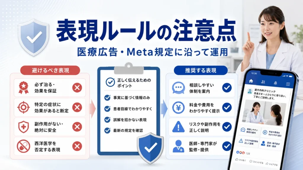 医療広告ガイドラインとMeta広告規定に沿った表現ルールの注意点を示すイラスト