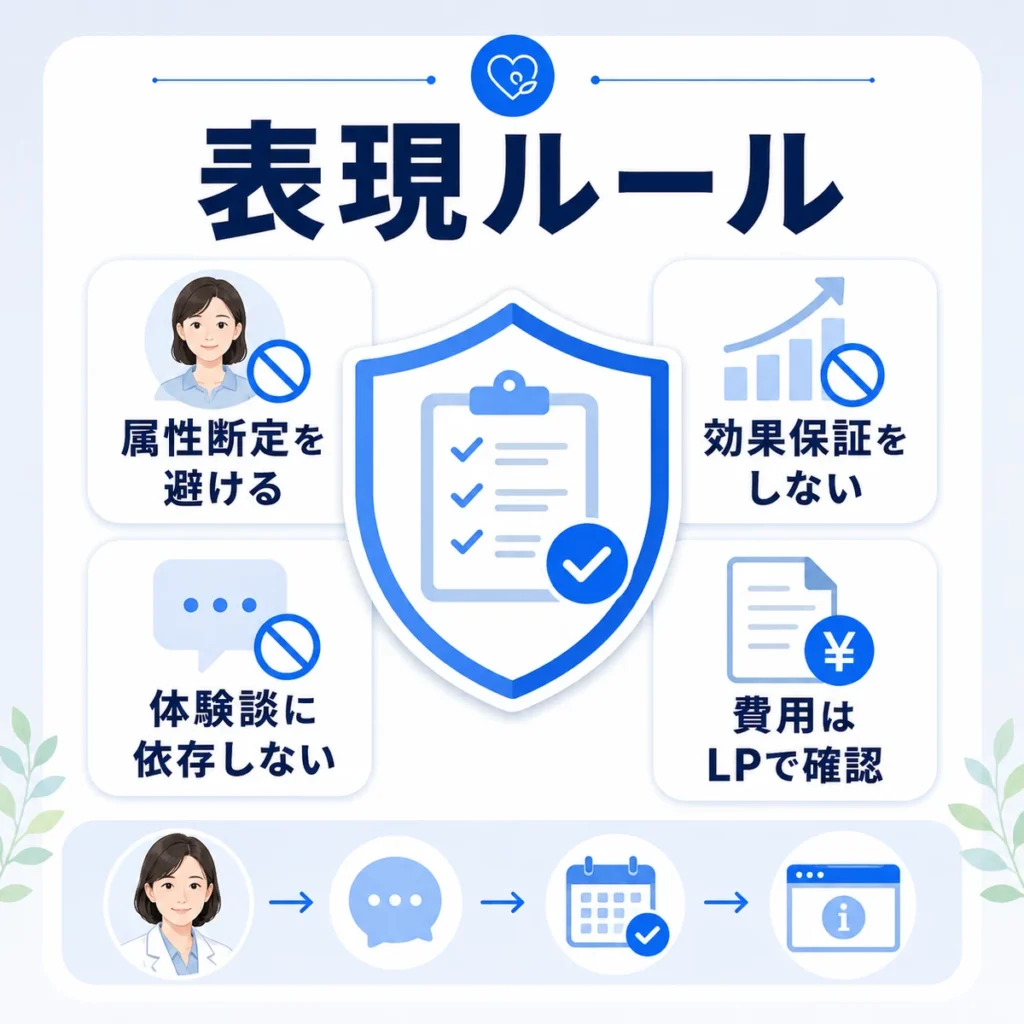 医療広告ガイドラインとMeta広告規定を踏まえた表現ルールを示すイラスト