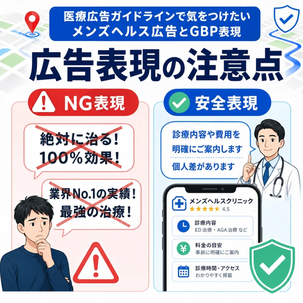 メンズヘルス広告で避けたいNG表現と、医療広告ガイドラインに沿った安全表現を比較したイラスト