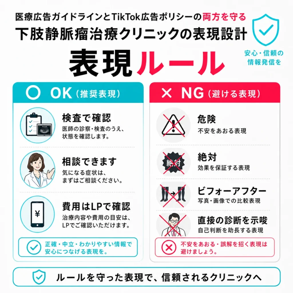 医療広告ガイドラインとTikTok広告ポリシーに配慮したOK表現とNG表現を比較するイラスト