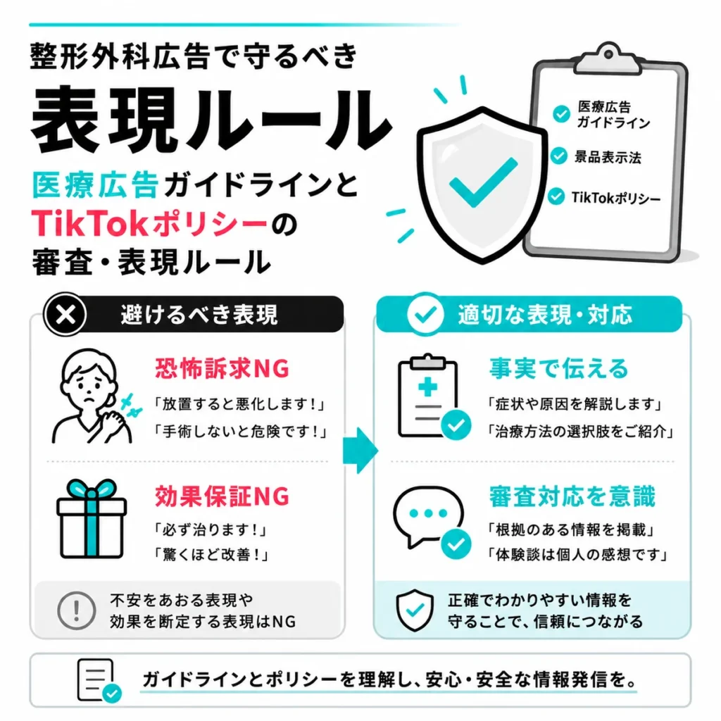 整形外科広告で守るべき医療広告ガイドラインとTikTokポリシーの表現ルールを示すイラスト