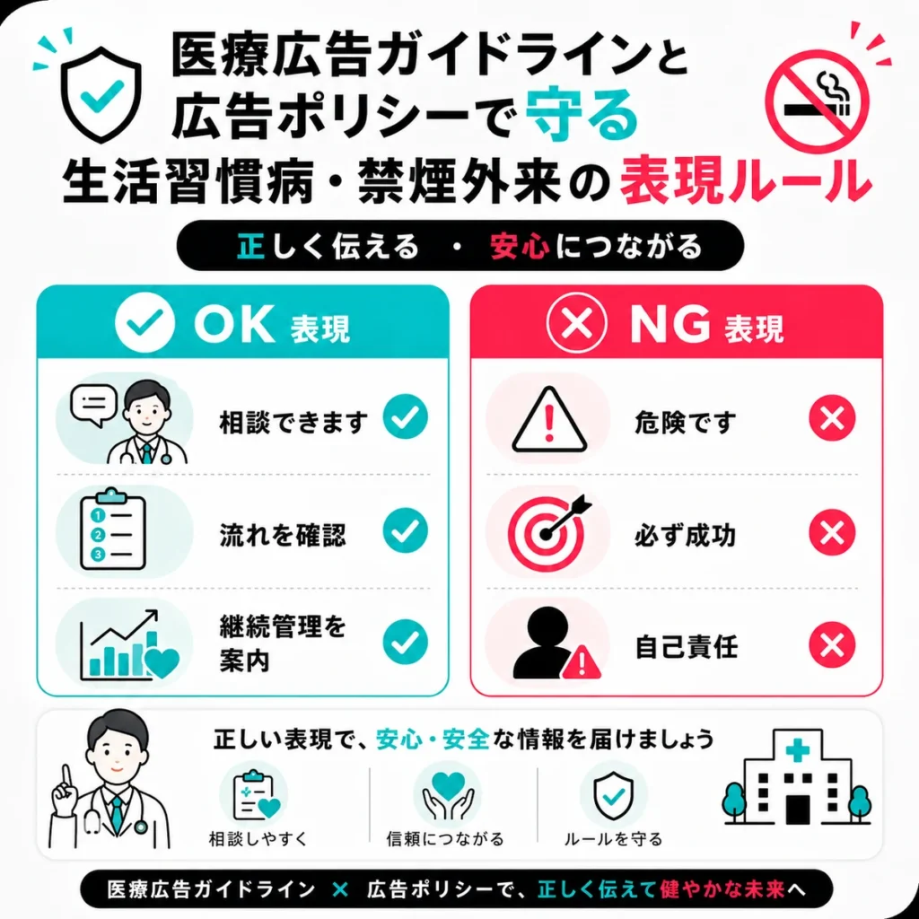 医療広告ガイドラインと広告ポリシーで守るべきOK表現とNG表現を比較したイラスト