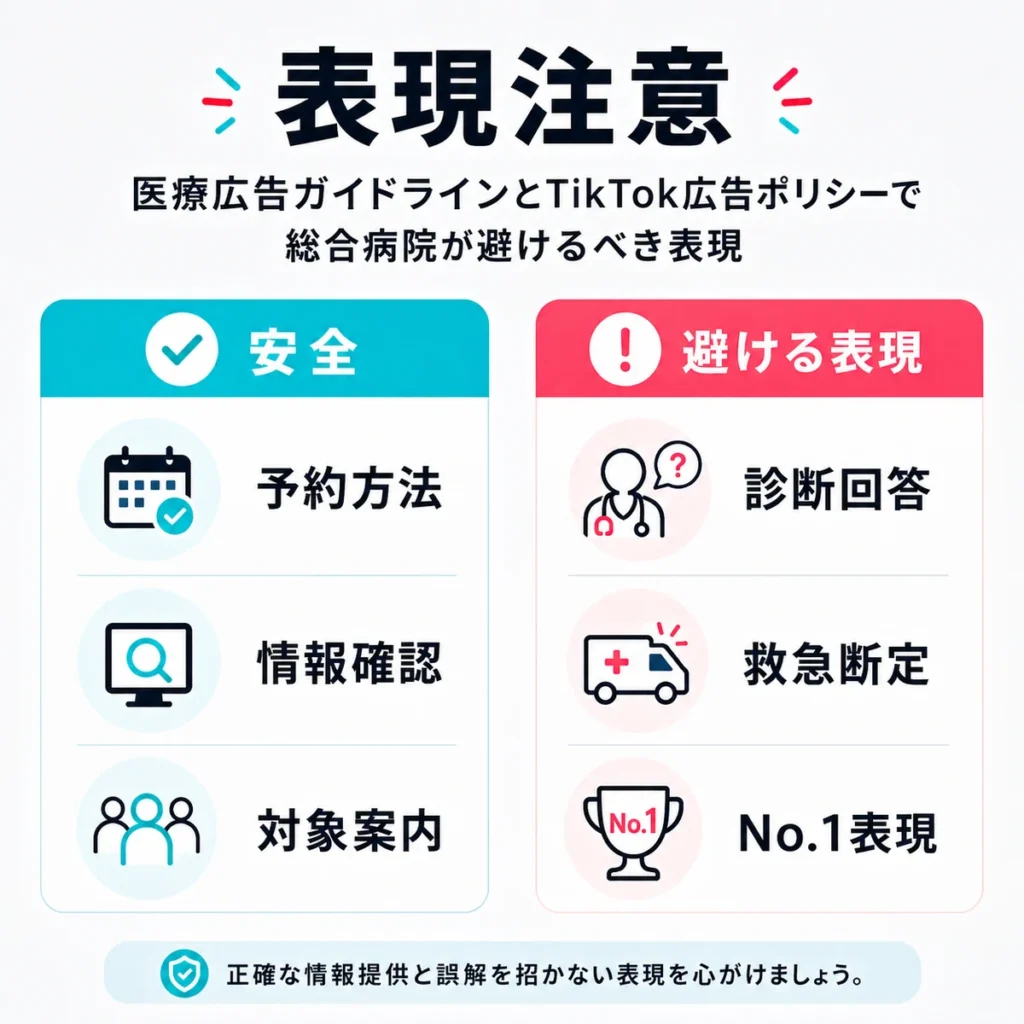 医療広告で安全な表現と避けるべき表現を比較して示すイラスト