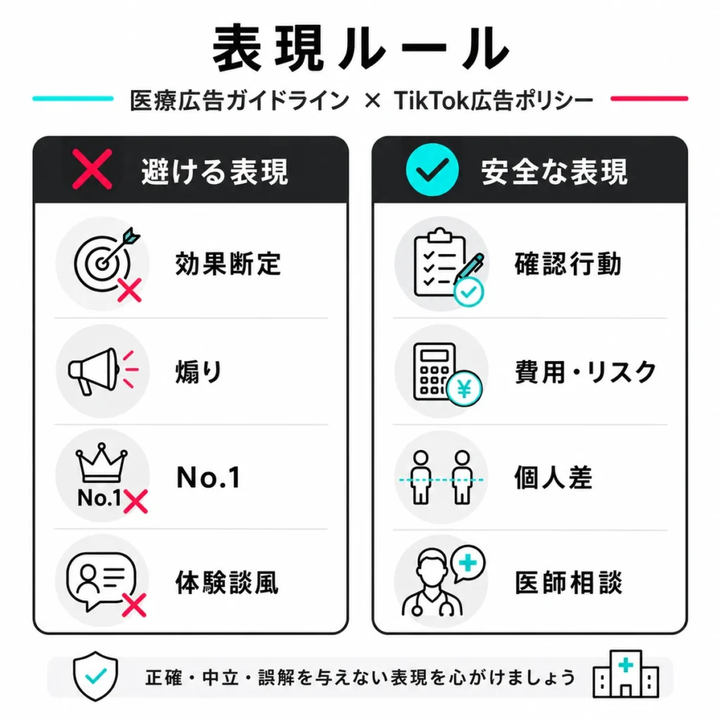 医療広告ガイドラインとTikTok広告ポリシーで避ける表現と安全な表現を比較したイラスト