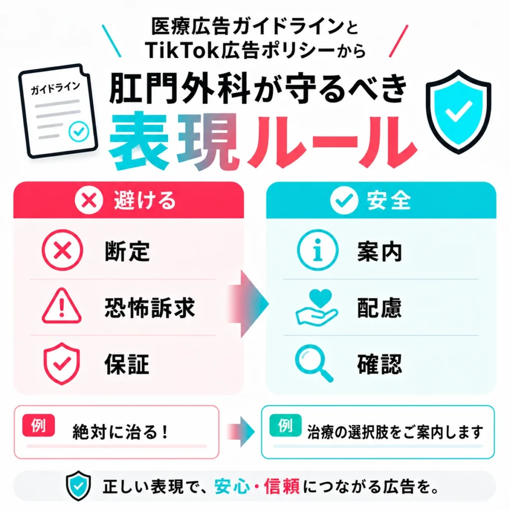 医療広告ガイドラインとTikTok広告ポリシーに沿った安全な表現ルールを示すイラスト